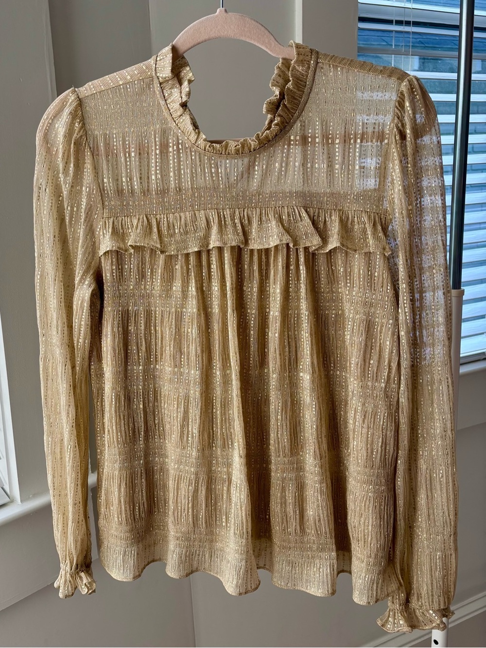 Anthropologie Eri + Ali Gold Metallic Smocked Ruffle Blouse NWOT Medium